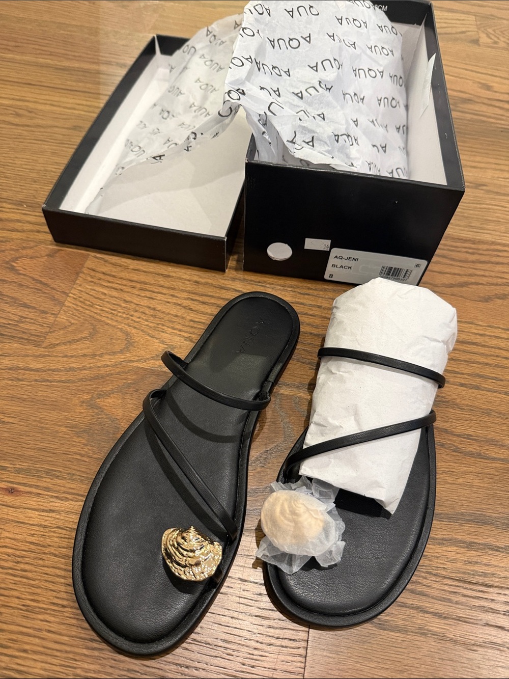 Bloomingdale’s Women’s Black Strappy Sandals with Gold Accent